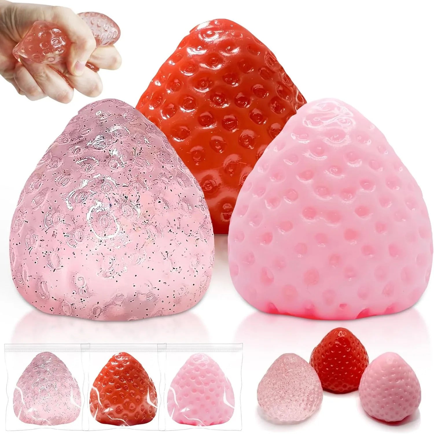 Juego de juguetes antiestrés blandos de fresa | 3 piezas de TPR suave para apretar